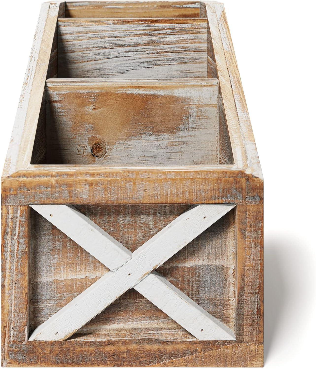 Barnyard Designs Rustic Vintage Wooden Desk Organizer Remotes Caddy Tabletop Desktop Office Supplies Desk Accessories Holder, 6.75" x 6.5” (White/Brown)