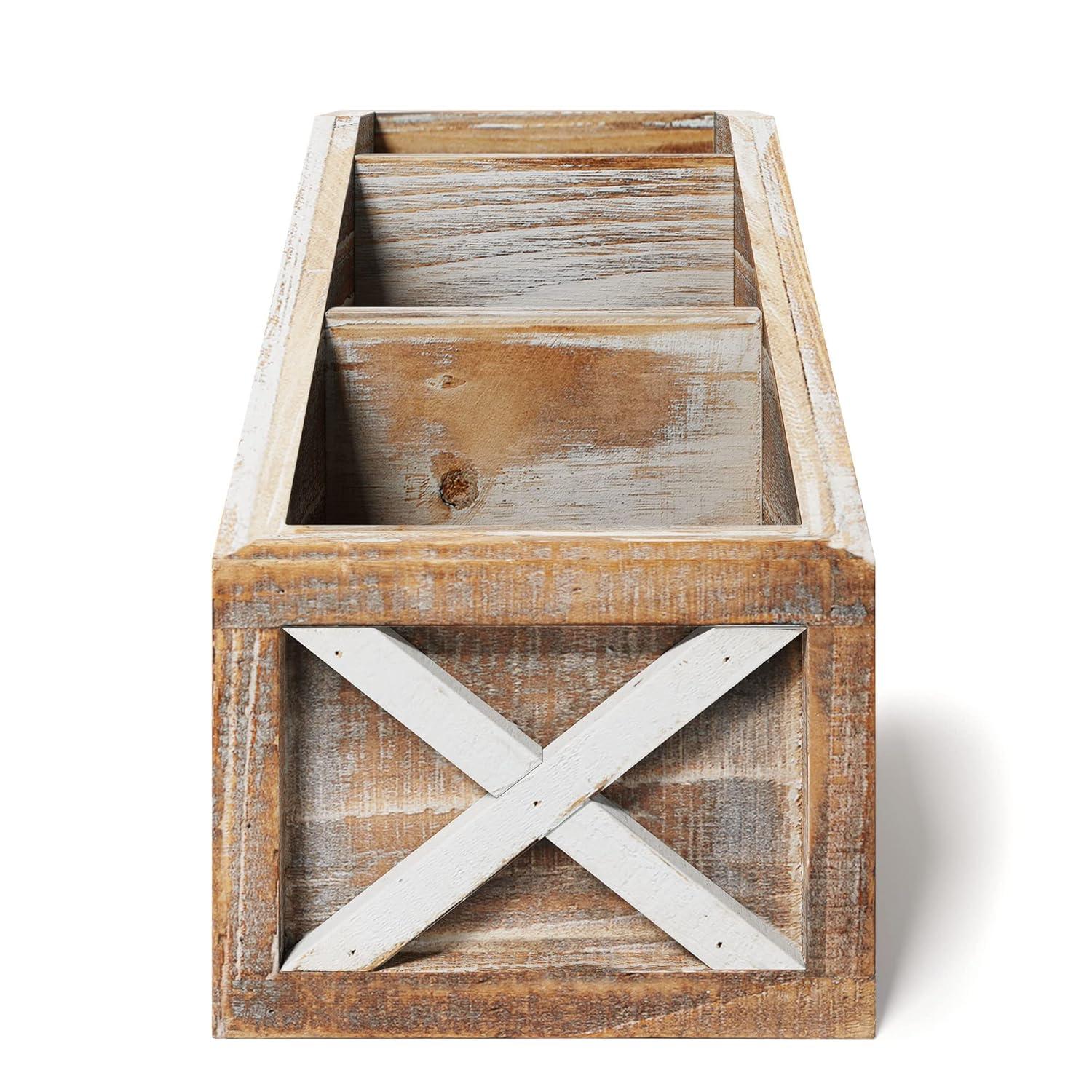 Barnyard Designs Rustic Vintage Wooden Desk Organizer Remotes Caddy Tabletop Desktop Office Supplies Desk Accessories Holder, 6.75" x 6.5” (White/Brown)