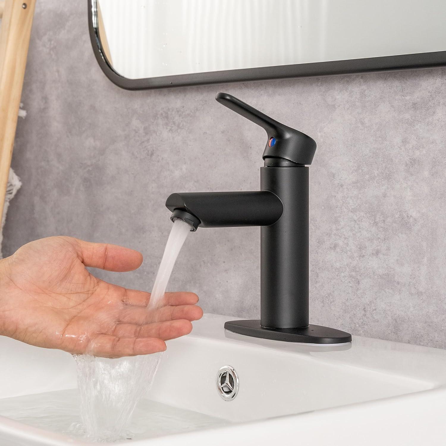 Bathroom Sink Faucet One Hole,Lavatory Tap for Basin,Matte Black Bathroom Sink Faucet with Metal Pop Up Drain Assembly， Bathroom Faucet 1 Hole with 3 Hole Deck Plate