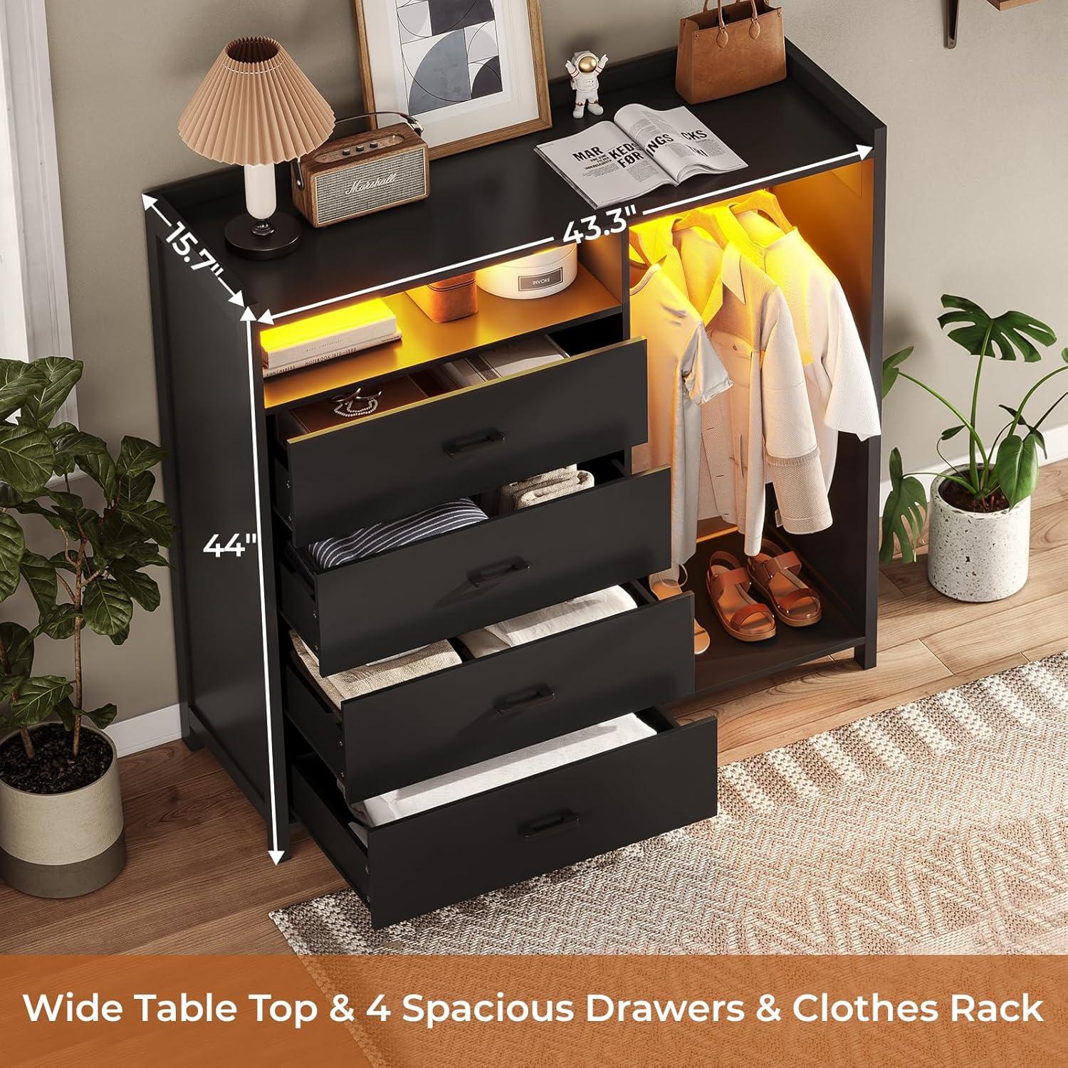 4 Drawer Dresser with Clothing Rack and LED Lights, Modern LED Dresser for Bedroom, Black