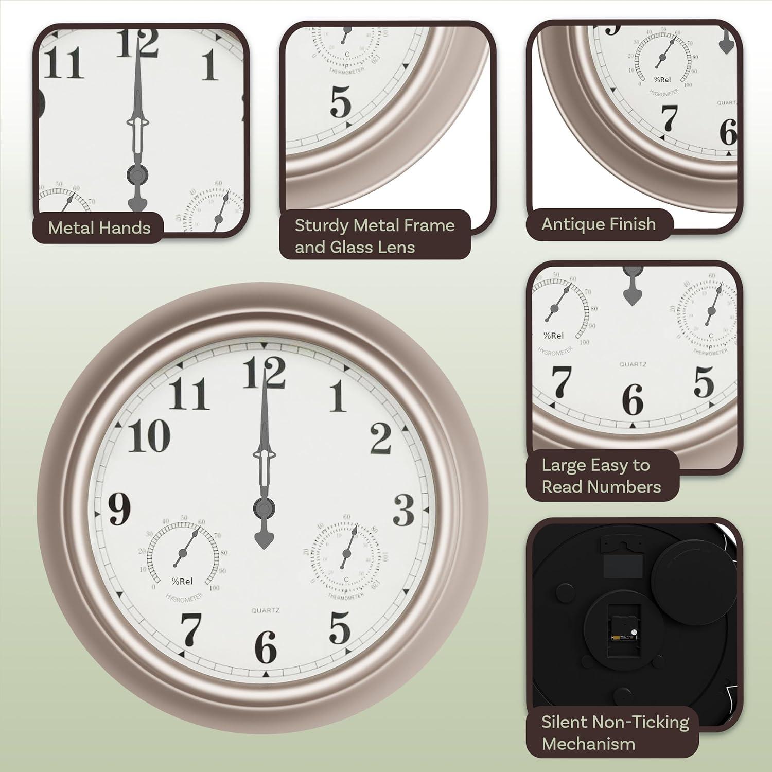 Pure Garden Indoor Outdoor Clock Thermometer Combo - 18-Inch Waterproof Outdoor Wall Clock with Temperature and Humidity by Pure Garden