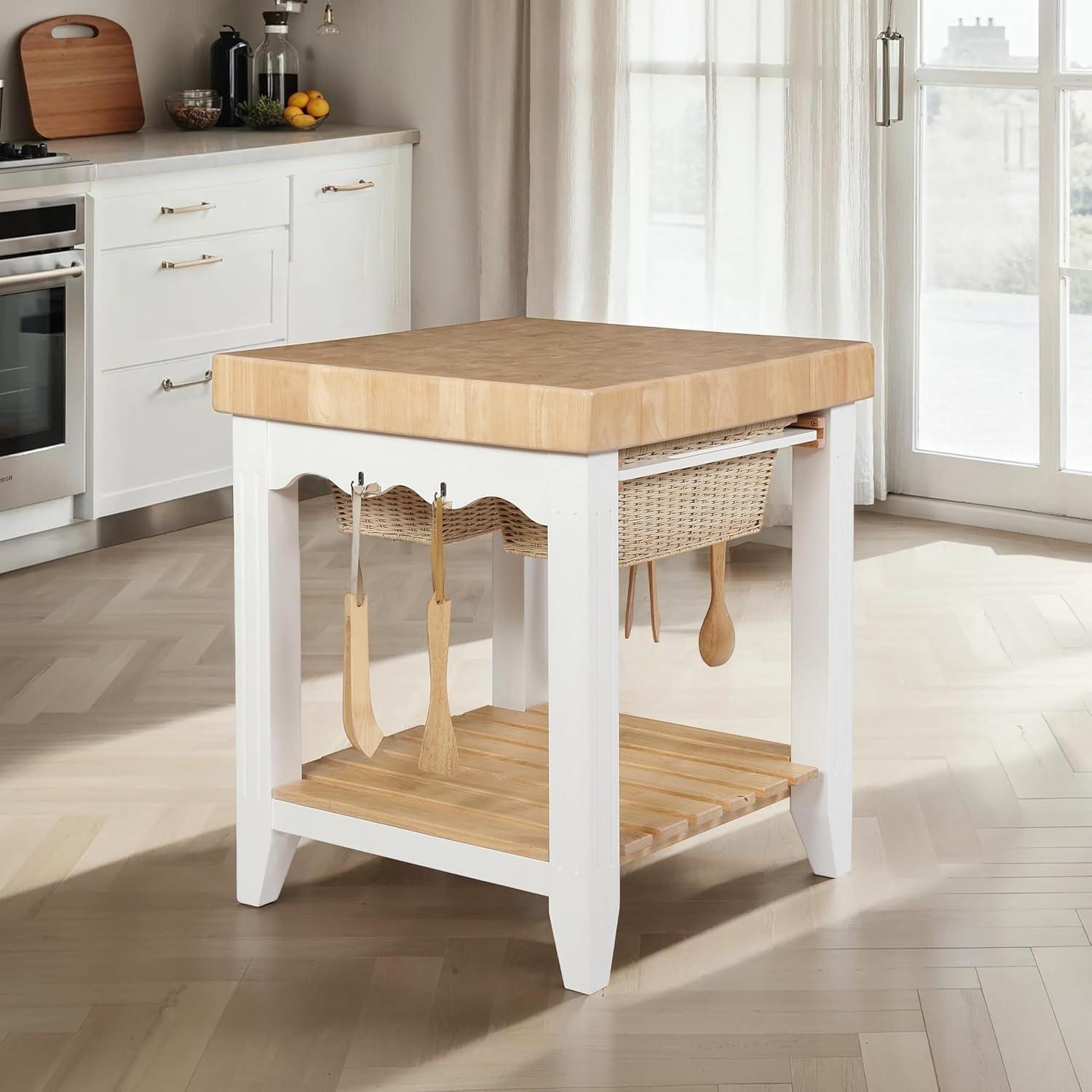 Linon Kolton Butcher Block Kitchen Island with 2 Baskets in White/Natural Wood