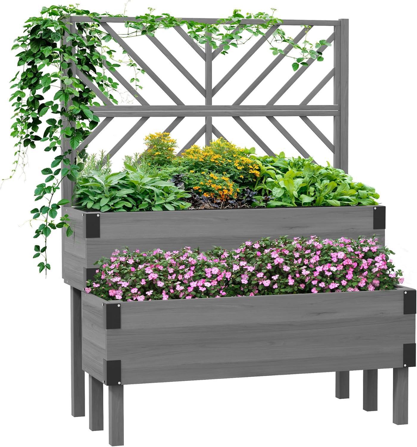 Outsunny Raised Garden Bed with Trellis, 2 Tier Wooden Elevated Planter Box with Legs and Metal Corners for Vegetables, Flowers, Herbs, Gray