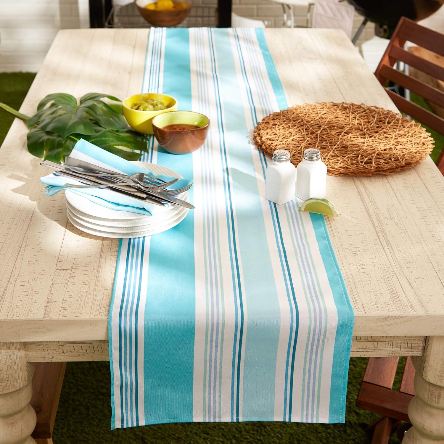 Aqua and White Striped Polyester Table Runner, 14x72