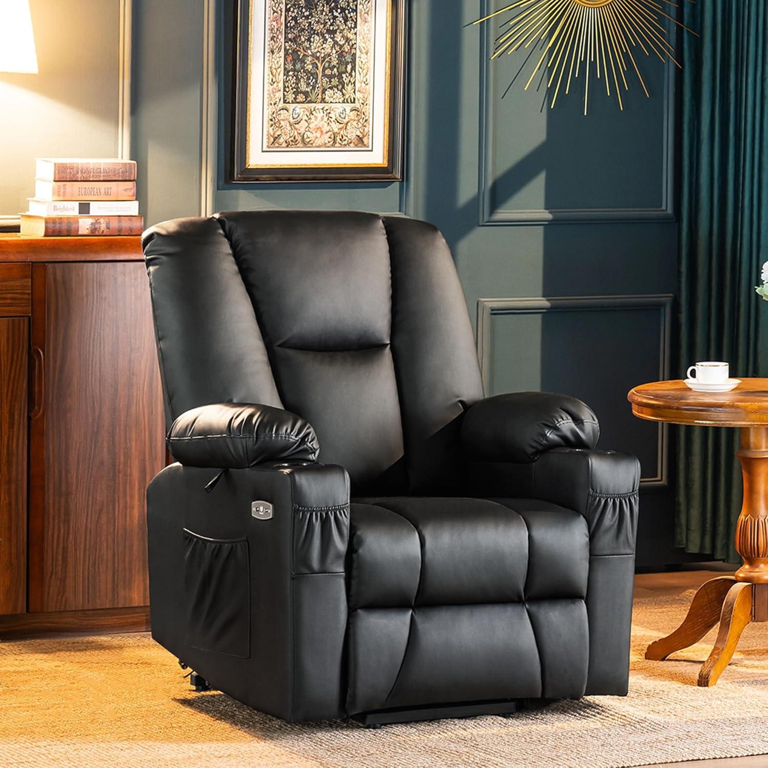 MCombo Electric Power Lift Recliner Chair with Extended Footrest for Elderly People, 3 Positions, Hand Remote Control, 2 Cup Holders, USB Ports, Faux Leather 7507 Black