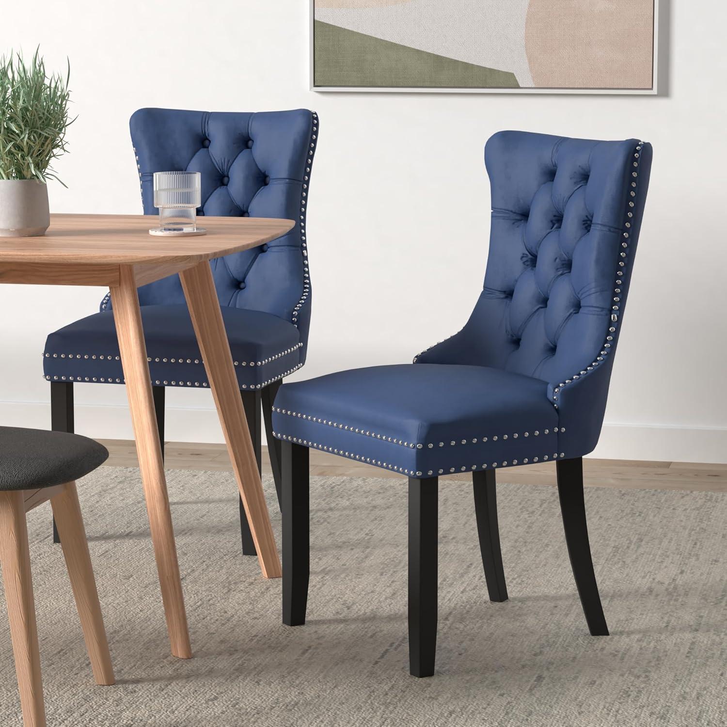 ODUSE-DAILY Velvet Dining Chairs Set of 2, Navy Kitchen & Dining Room Chairs, Tufted Dining Chairs, Fabric Upholstered, Solid Wood, Sillas De Comedor (Blue, 2 Pcs)