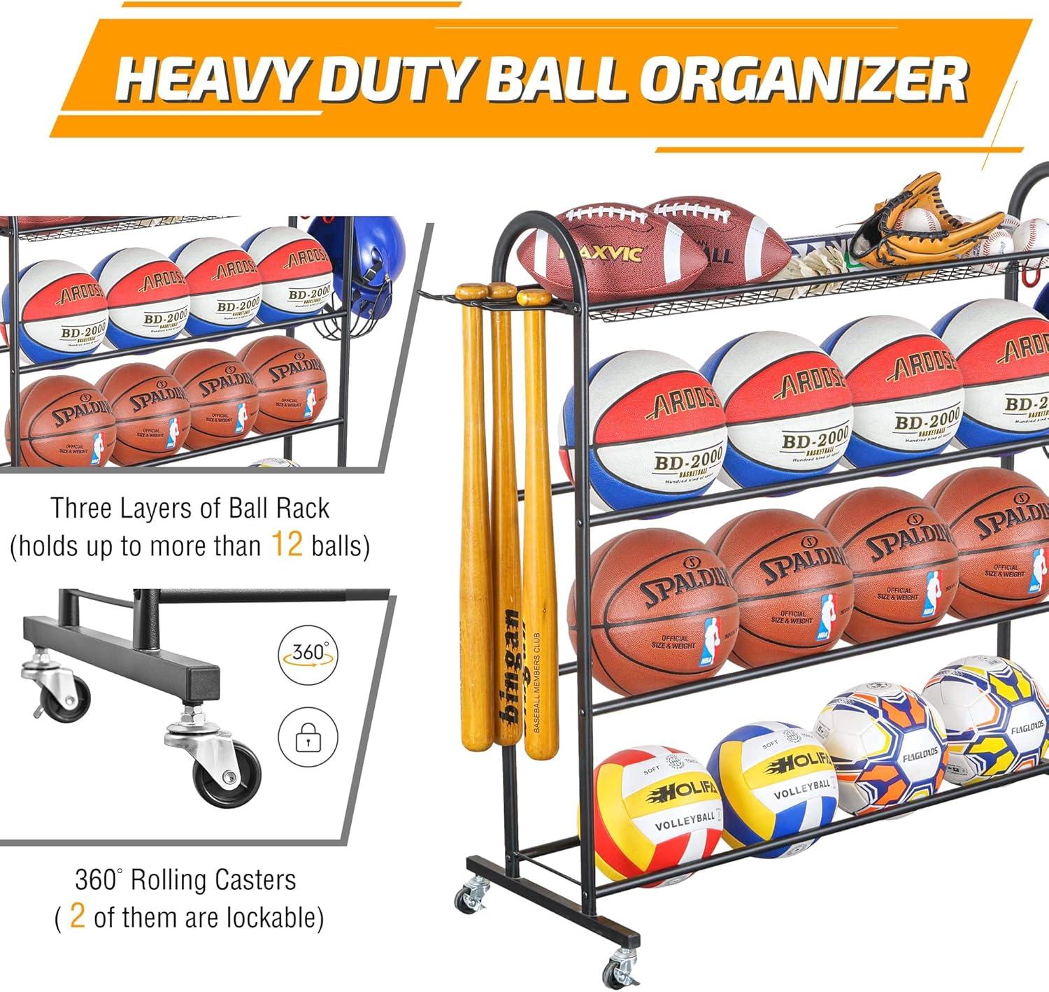 4-Layer Sports Equipment Storage Rack With Baseball Bat Holder, 3 Hooks, And Portable Design For Garage, Home, Gym, School