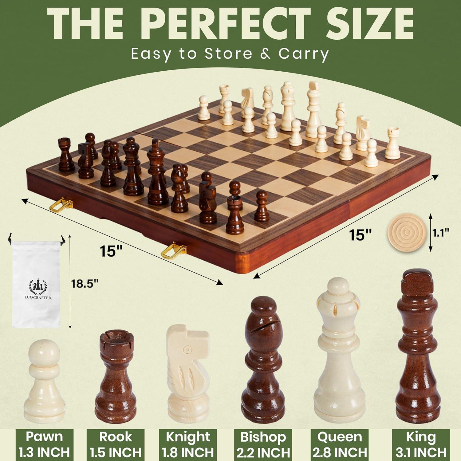 15-Inch Wooden Chess and Checkers Set with Extra Queens