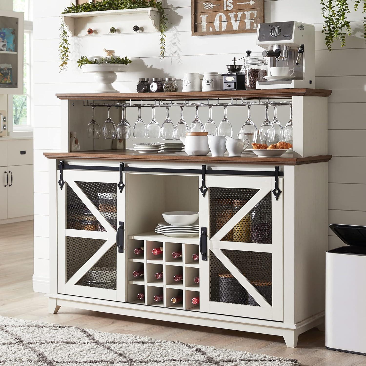 Antique White Farmhouse Coffee Bar Cabinet with LED Lights and Sliding Barn Doors