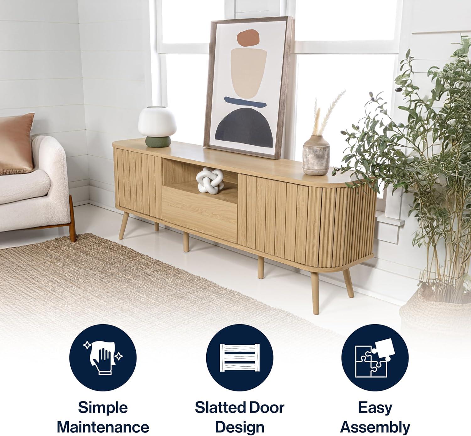 JONATHAN Y Damien 70 in. Farmhouse Curved TV Stand with Drawer and Storage Doors Fits TVs up to 75 in. with Cable Management, Oak