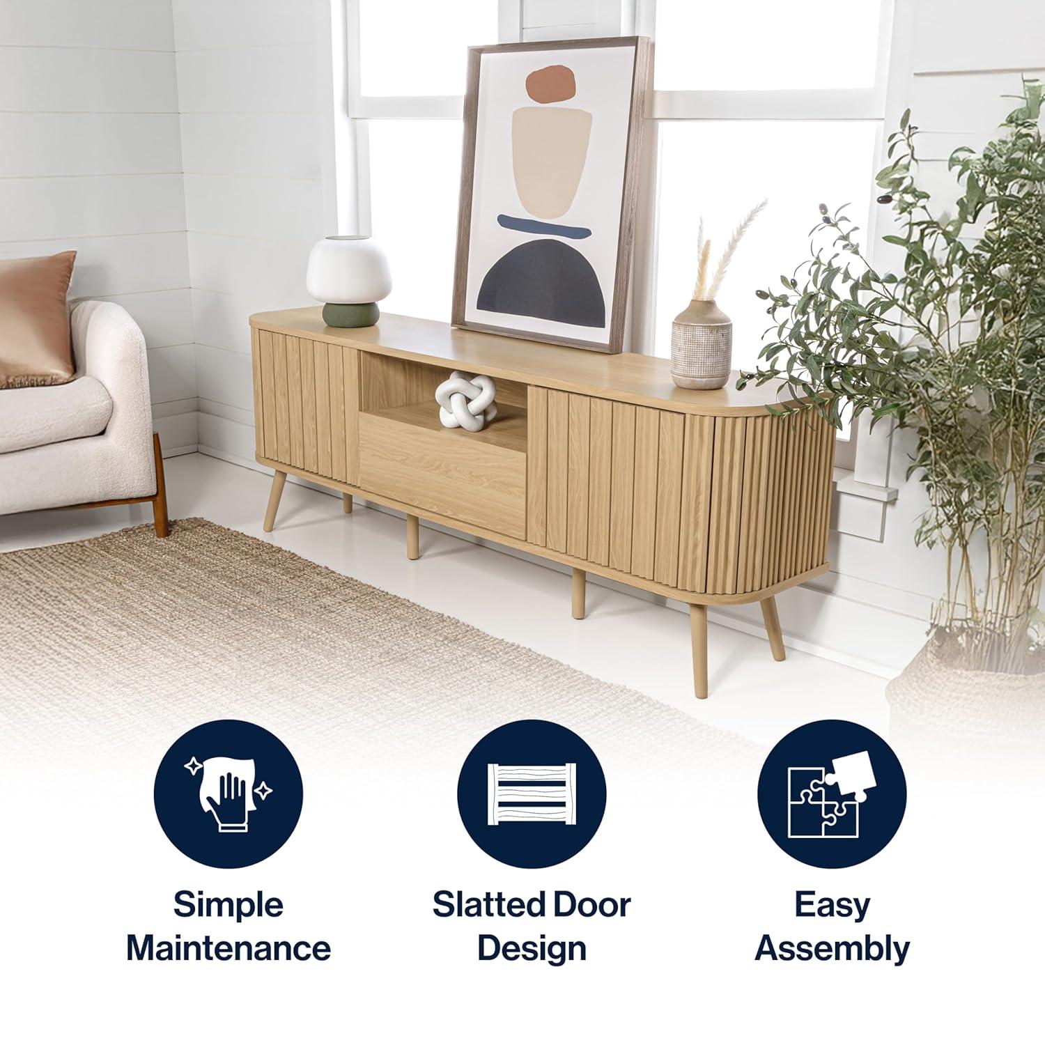 JONATHAN Y Damien 70 in. Farmhouse Curved TV Stand with Drawer and Storage Doors Fits TVs up to 75 in. with Cable Management, Oak