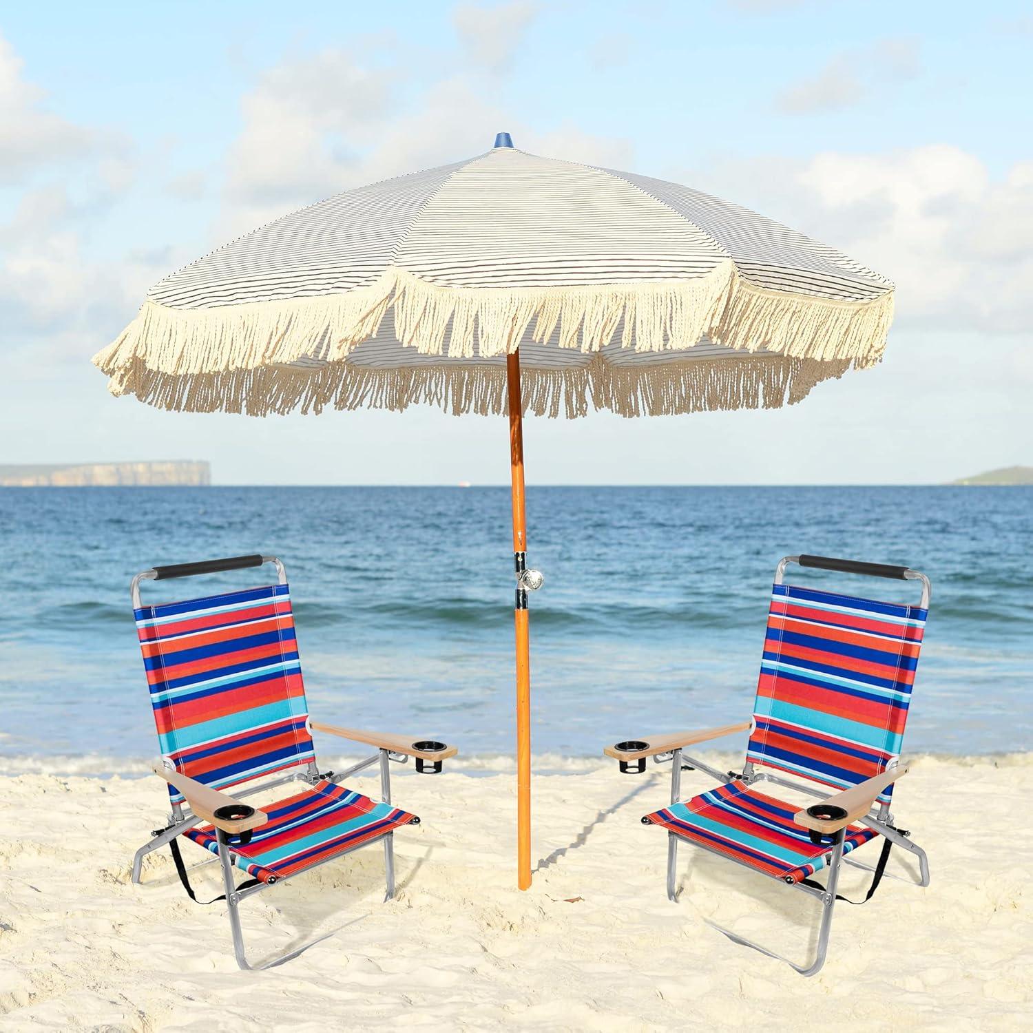 Garden Elements Colorful Foldable Reclining Aluminum Beach Chairs with Cupholders and Carrying Strap, Multicolor, Pack of 2