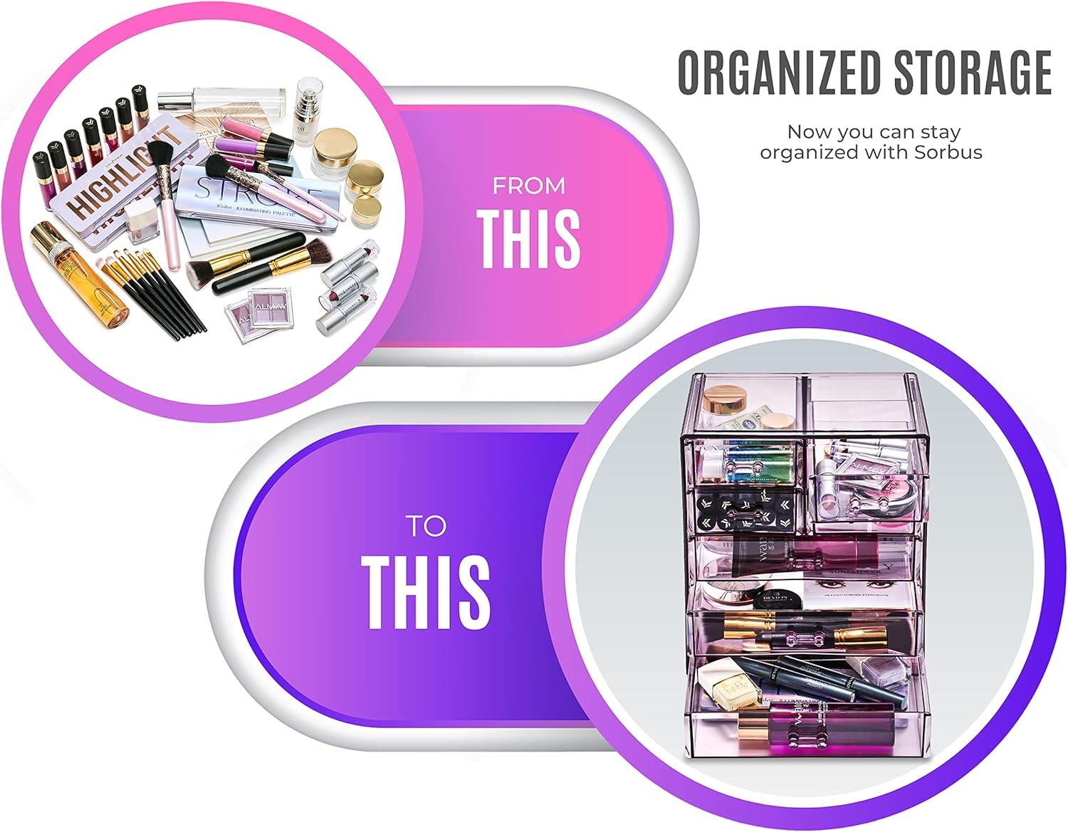 Sorbus Acrylic Makeup Organizer Case - Big Clear Makeup Organizer for Vanity, Bathroom, College Dorm, Closet, Desk (Purple)