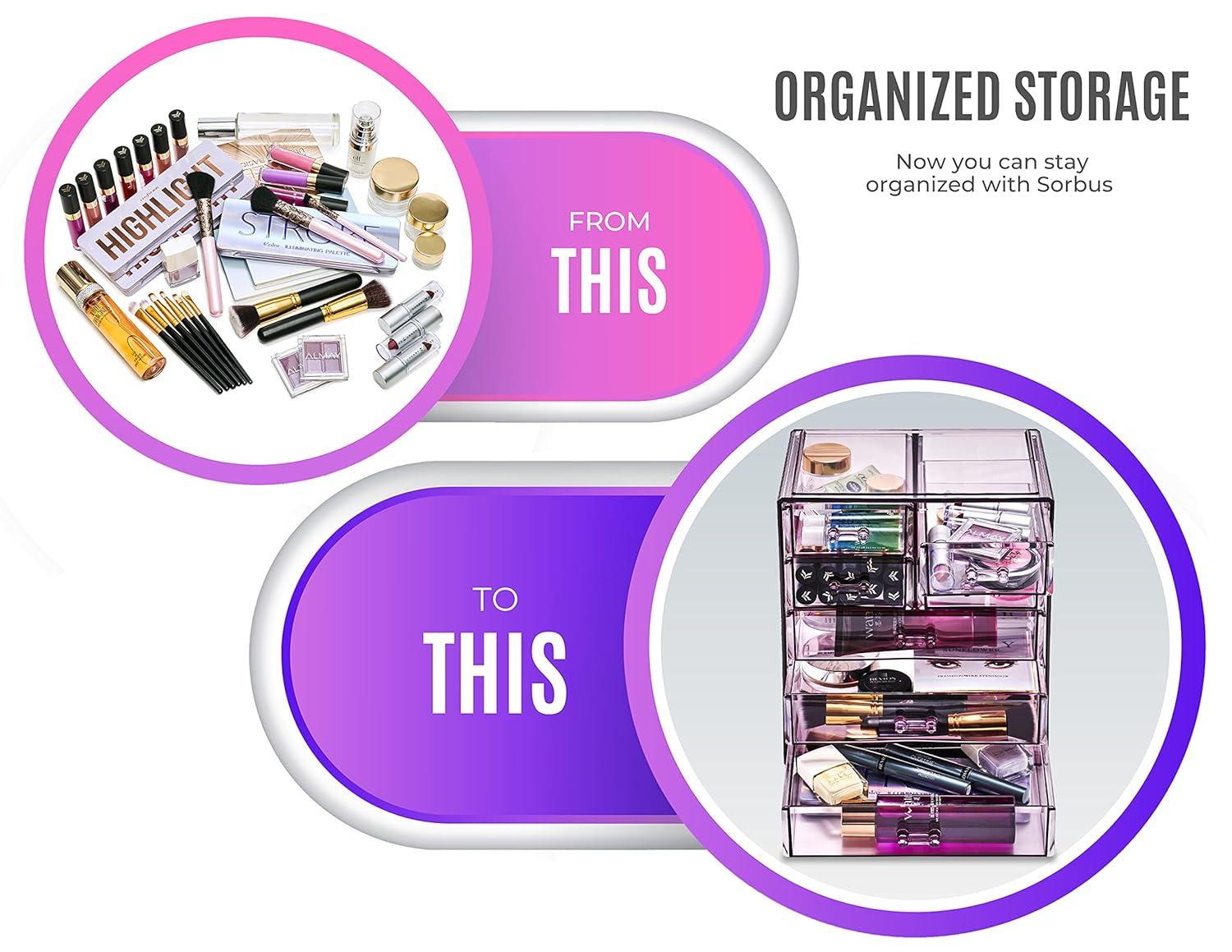 Sorbus Acrylic Makeup Organizer Case - Big Clear Makeup Organizer for Vanity, Bathroom, College Dorm, Closet, Desk (Purple)
