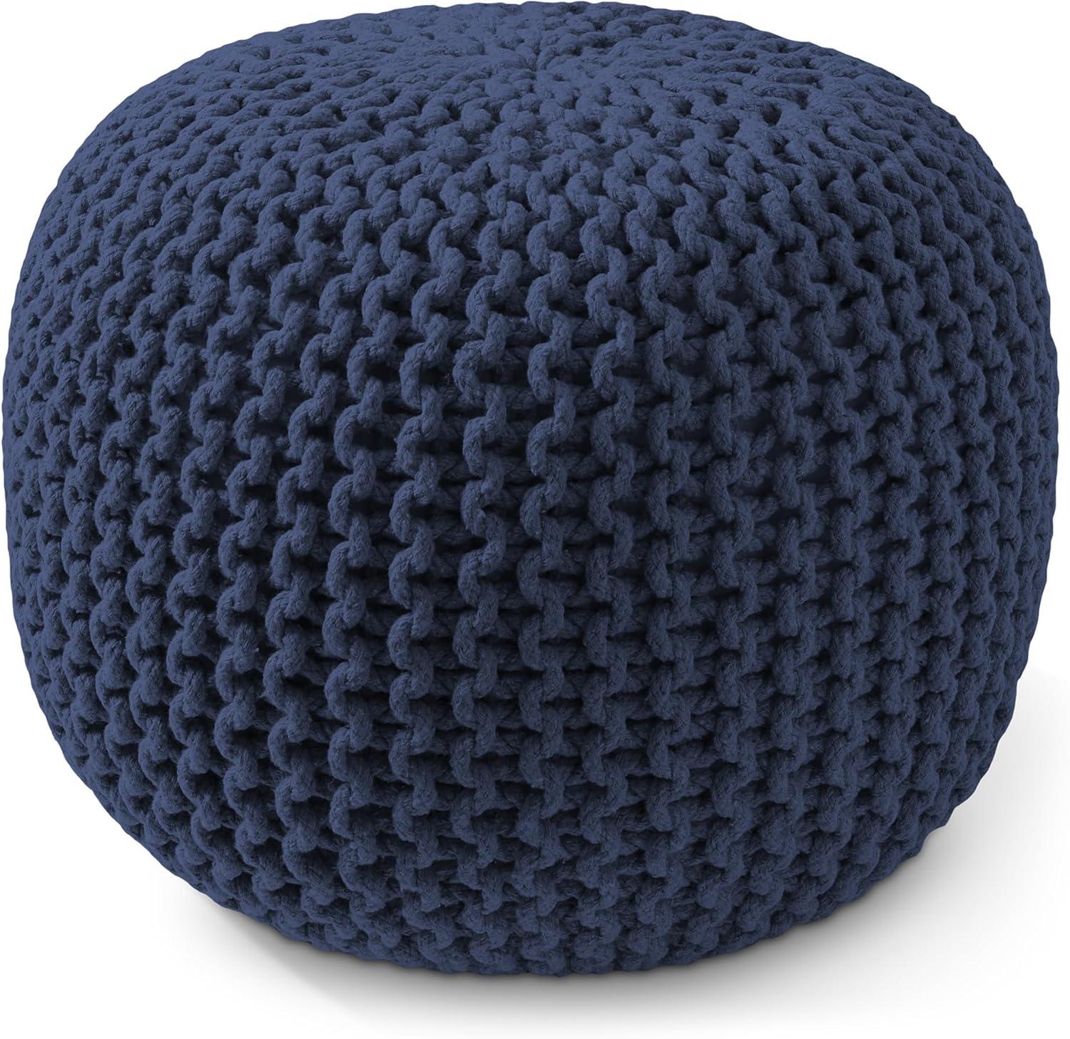 Casafield Round Pouf Ottoman, Navy Blue - 20" Dia x 14.5" High Cotton Knit Foot Stool - Boho Floor Pouffe for Living Room
