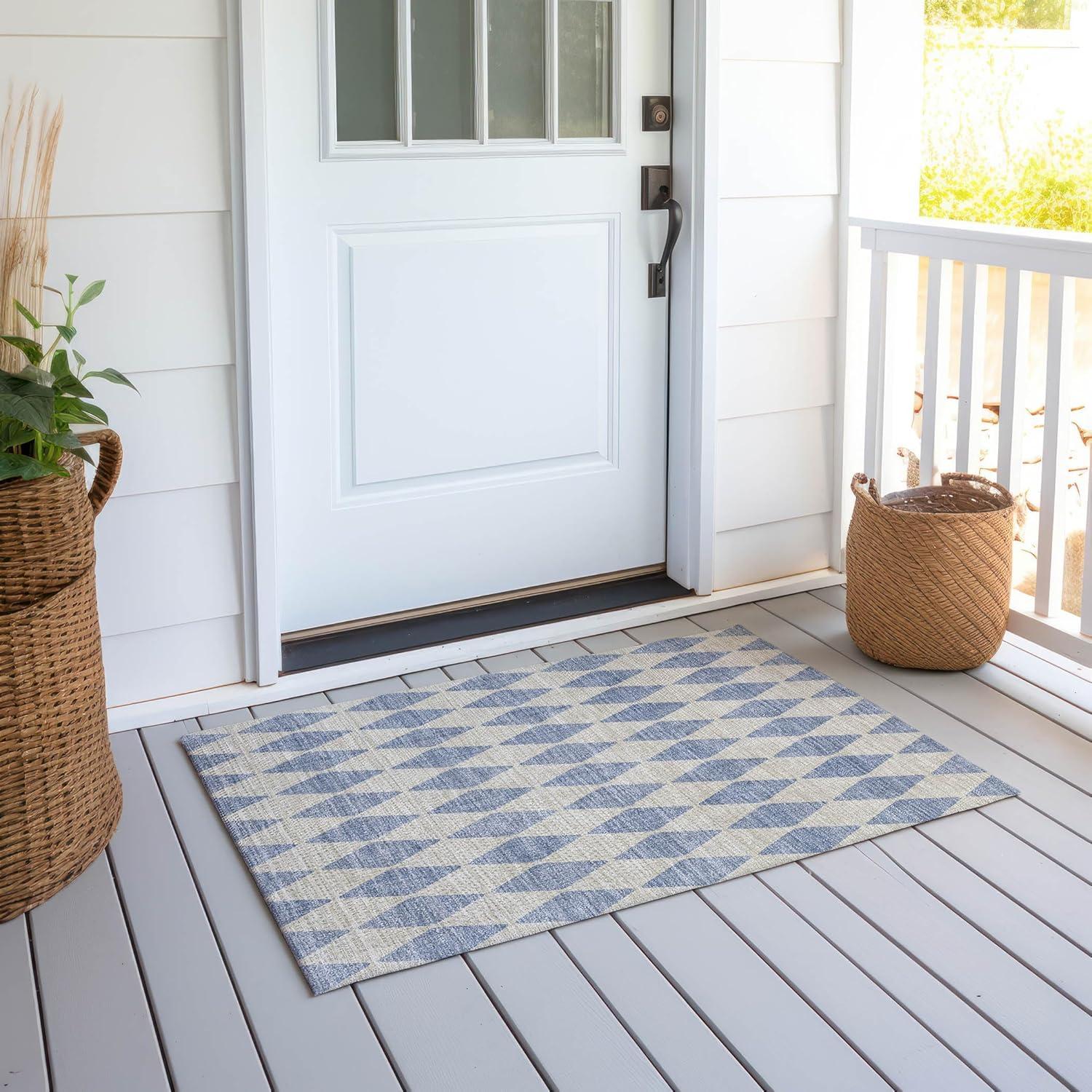 Sky Blue Diamond Pattern Washable Synthetic Rug 1'8"x2'6"