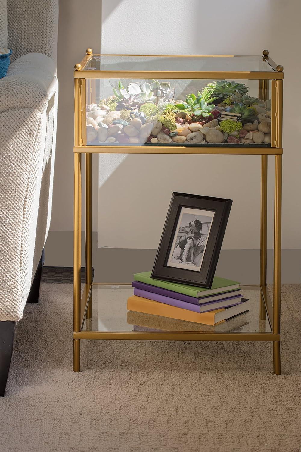 Gold Iron Square Terrarium End Table with Reinforced Glass, 18x18x27