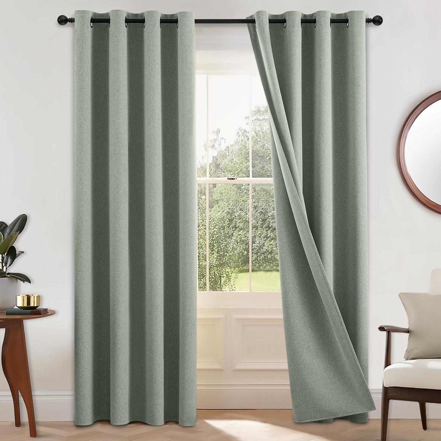 COSVIYA 100% Blackout Sage Green Linen Curtains & Drapes 84 Inch Length 2 Panels Set, Full Room Darkening Grommet Insulated Thermal Window Panels for Bedroom/Living Room,52x84 inches