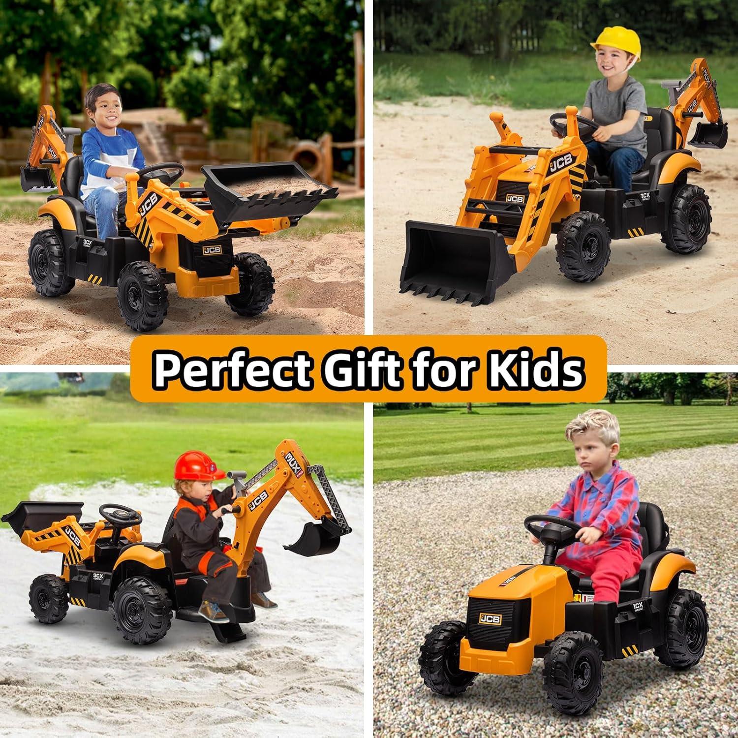 EastVita 12V Ride on Toys Tractor, Kids Ride on Car Toy Excavator Bulldozer, 12V Digger w/Trailer, Shovel Bucket, Digger, Remote Control, EVA Tires, LED Lights, Music, USB