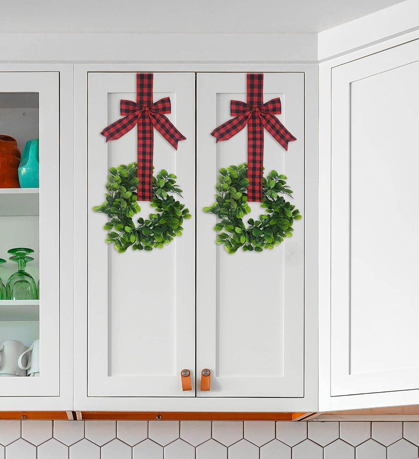 KOVOT Set of 4 Hanging Wreaths with Plaid Ribbon Bow. Christmas Decoration for Cabinets, Behind Chairs, Doors, Railings & Windows - Black & Red