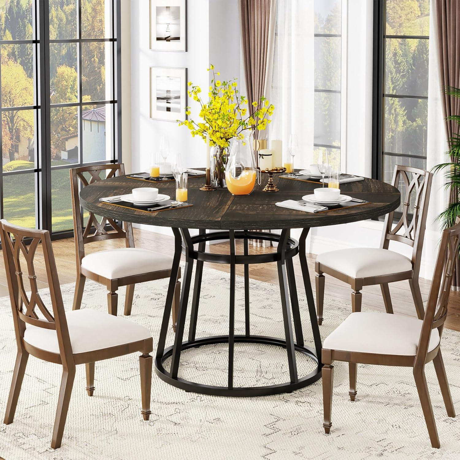 47-Inch Round Brown Wood Dining Table with Black Metal Base