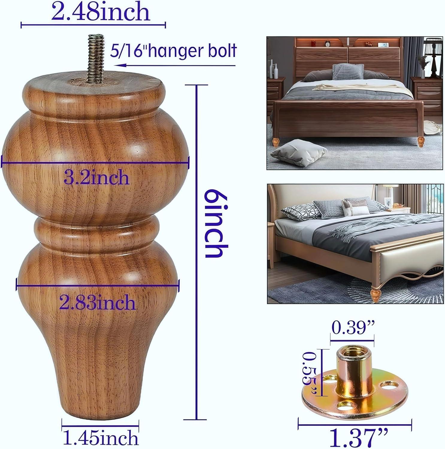 Wood Furniture Legs-Round Couch Legs, Sofa Legs Set of 4,Couch Legs Replacement,for Chair Legs Dresser Legs Cabinet Legs(6 inch Wood Color)