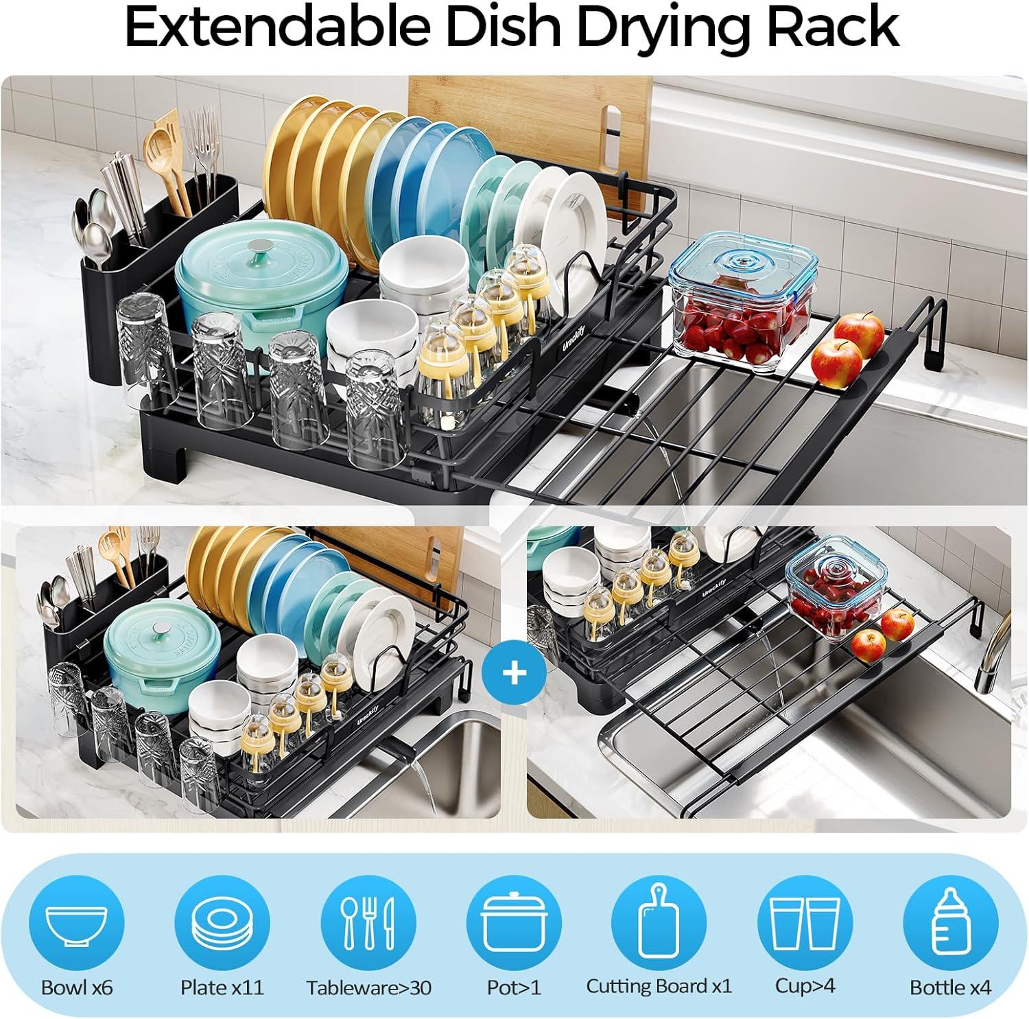 THE GLAMOUR BOUTIQUES Extendable Dish Drying Rack, 2 In 1 Multifunction Dish Rack For Kitchen Counter, Expandable Dish Drainer Over Sink, Large Dish Strainer With Drainboard & Cups Holder, Black