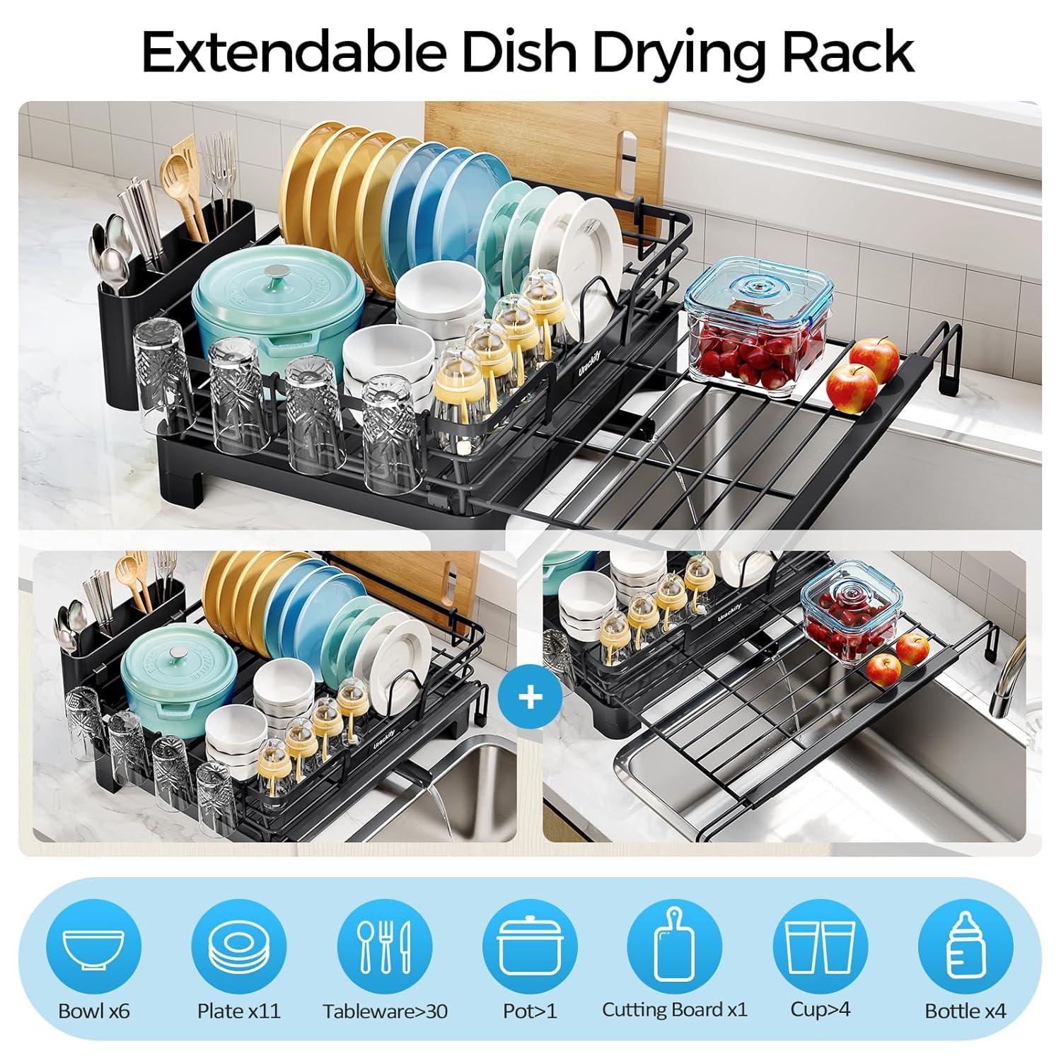 THE GLAMOUR BOUTIQUES Extendable Dish Drying Rack, 2 In 1 Multifunction Dish Rack For Kitchen Counter, Expandable Dish Drainer Over Sink, Large Dish Strainer With Drainboard & Cups Holder, Black