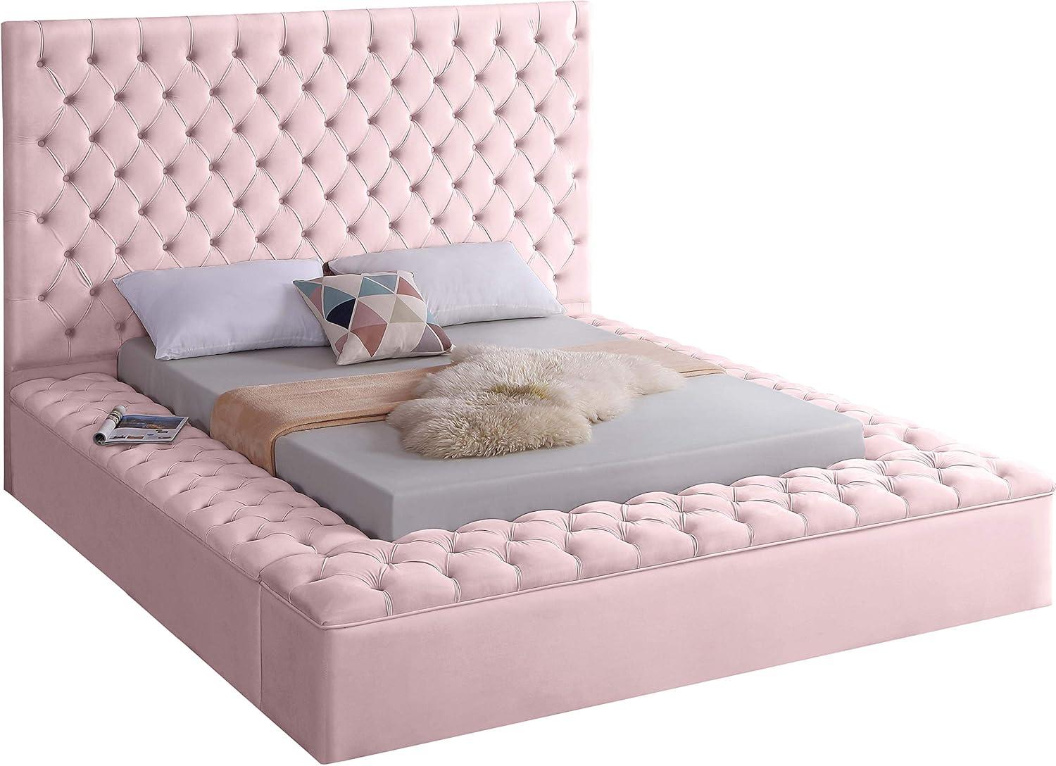 Elegant Pink Velvet Queen Bed with Tufted Headboard and Storage