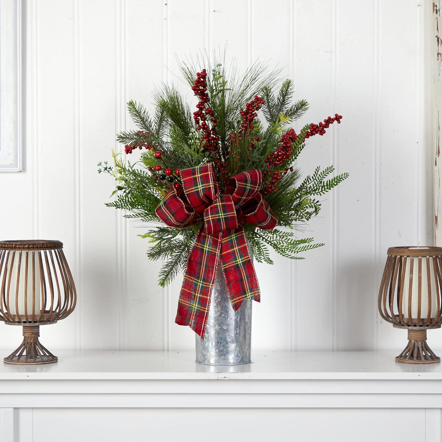 Nearly Natural 28in. Holiday Winter Greenery, Berries and Plaid Bow Artificial Christmas Arrangement Home Décor