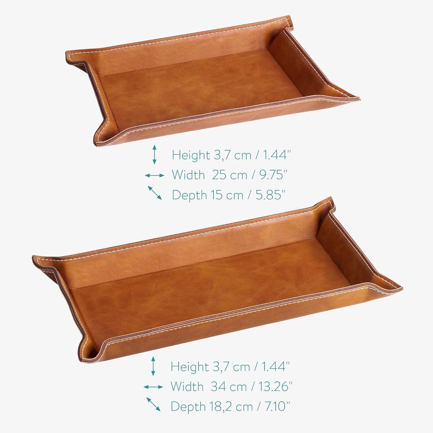Navaris Faux Leather Tray Set - 2 Valet Organizer Trays for Bedside Table, Retro Fashion - Desk Storage Plate for Key Coin Phone Wallet (Brown)