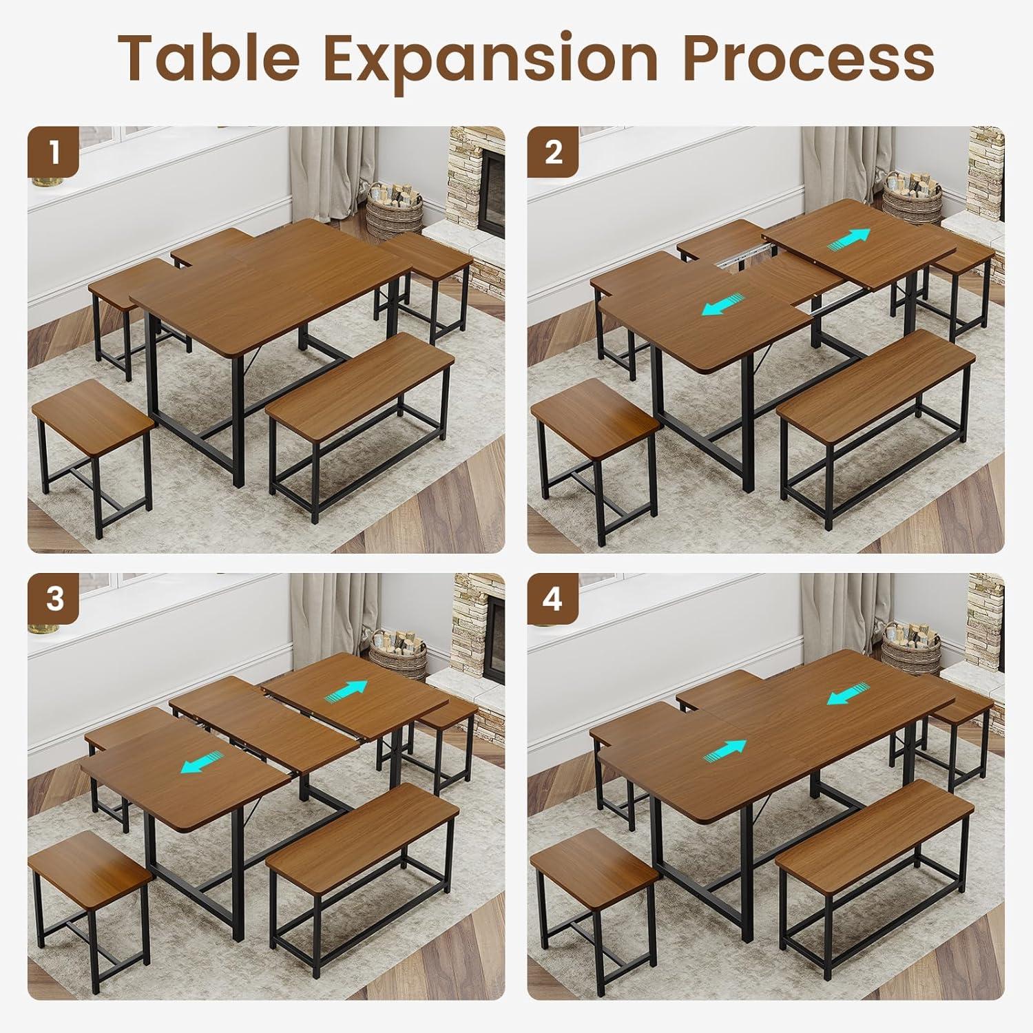 Walnut Extendable Dining Table Set with Bench and 4 Stools