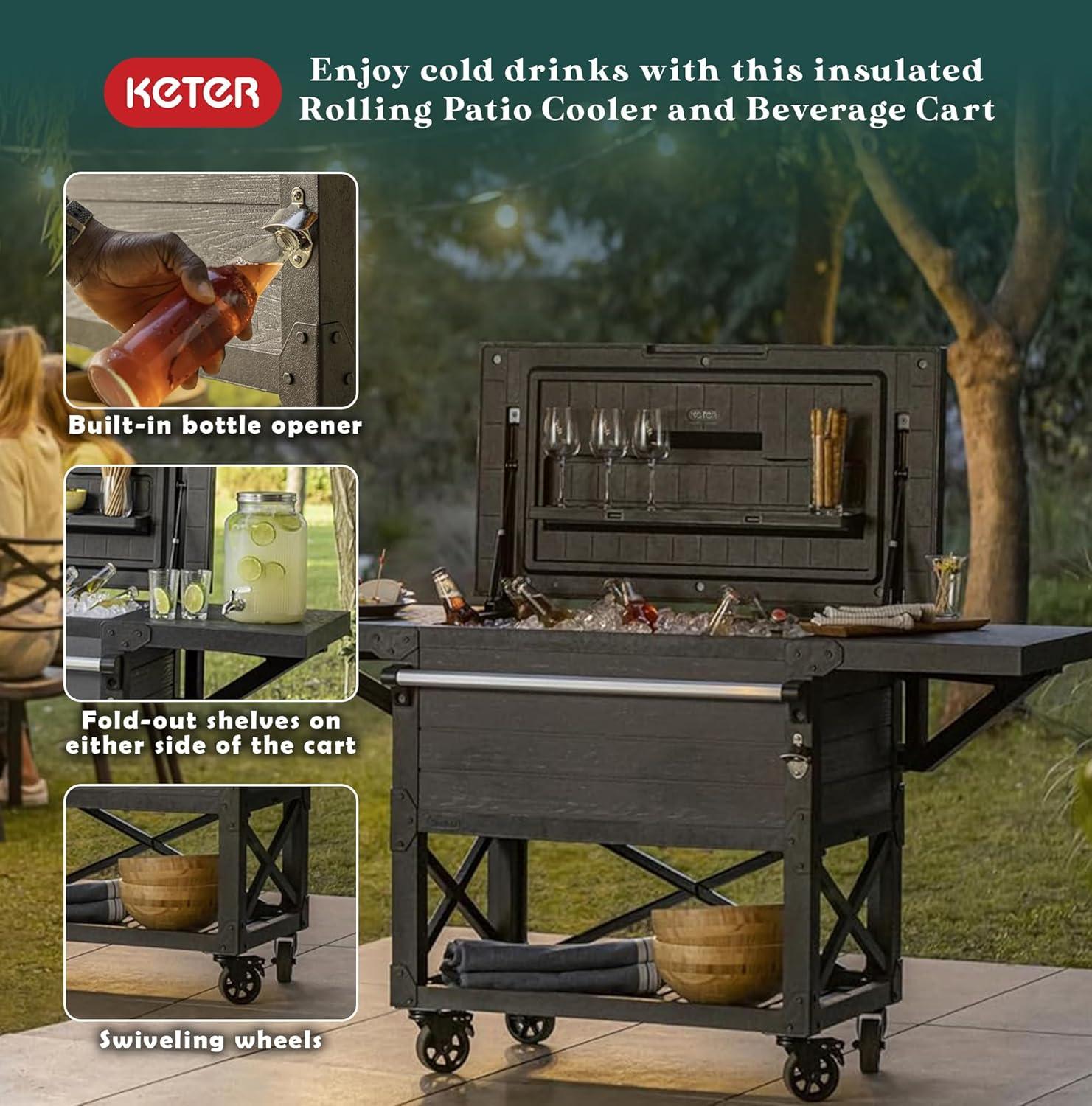 Keter Portable Outdoor Patio Cooler Ice Chest, Insulated Beverage Party Bar Cart Table with Swivel Wheels, Storage Shelves, and Bottle Opener, Gray