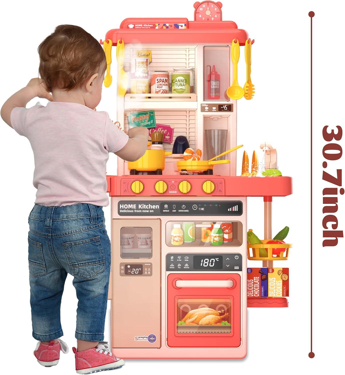 Koppop Kids Kitchen Playset 50pcs - with Sound, Light & Steam Effects, Pretend Play Toys Includes Food, Sink & Stove, Ideal for Boys & Girls Ages 3-6 (Red).