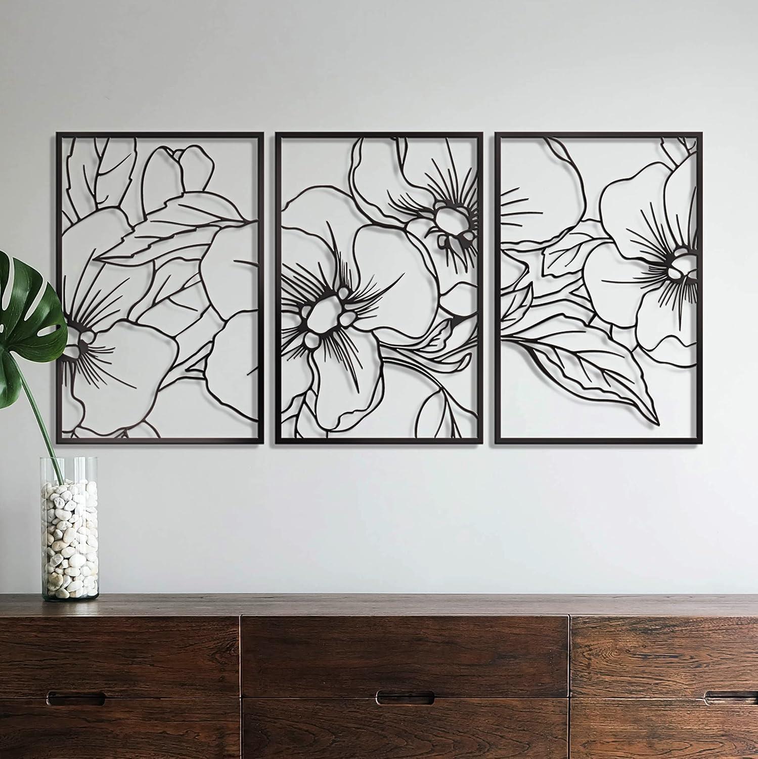 Black Metal Floral Abstract Wall Art Set of 3