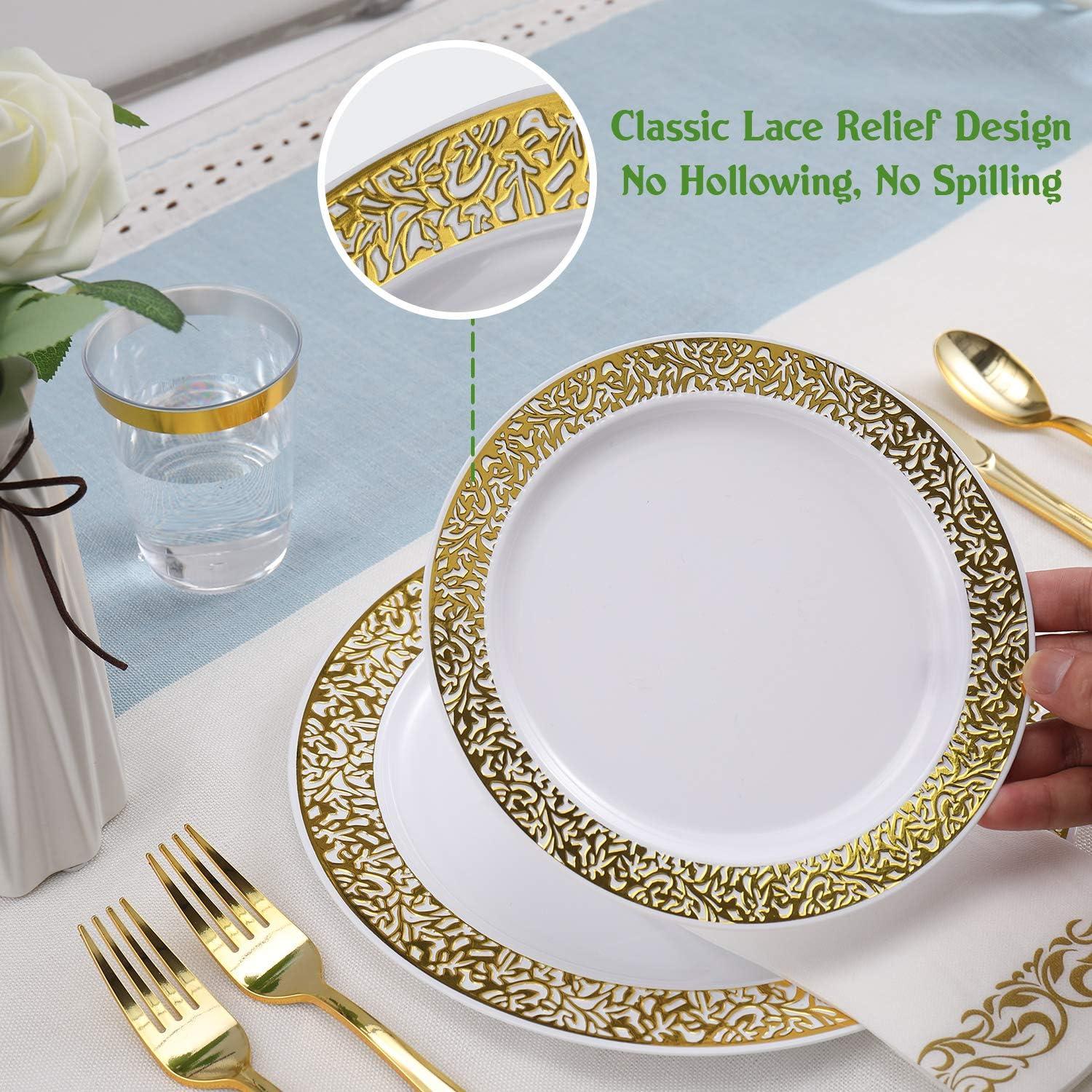 FOCUSLINE 350 Piece Gold Rim Dinnerware Set, Disposable Plastic Plates for Party or Wedding-100 Plastic Plates-50 Plastic Silverware-50 Plastic Cups-50 Linen Feel Napkins(50 Guest)