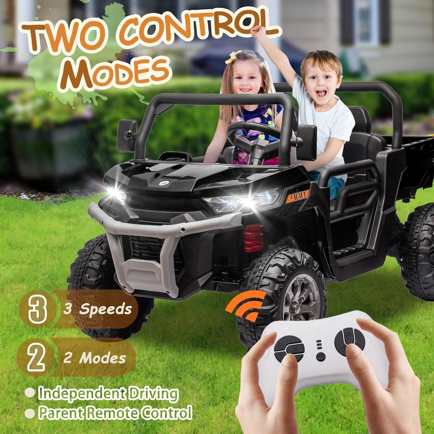 Funride 4WD 24 Volt Ride on Toys with Remote Control, 2 Seater Power Car Wheels UTV Toys, Ride on Truck Car w/ Electric Dump Bed, Shovel, Bluetooth Music