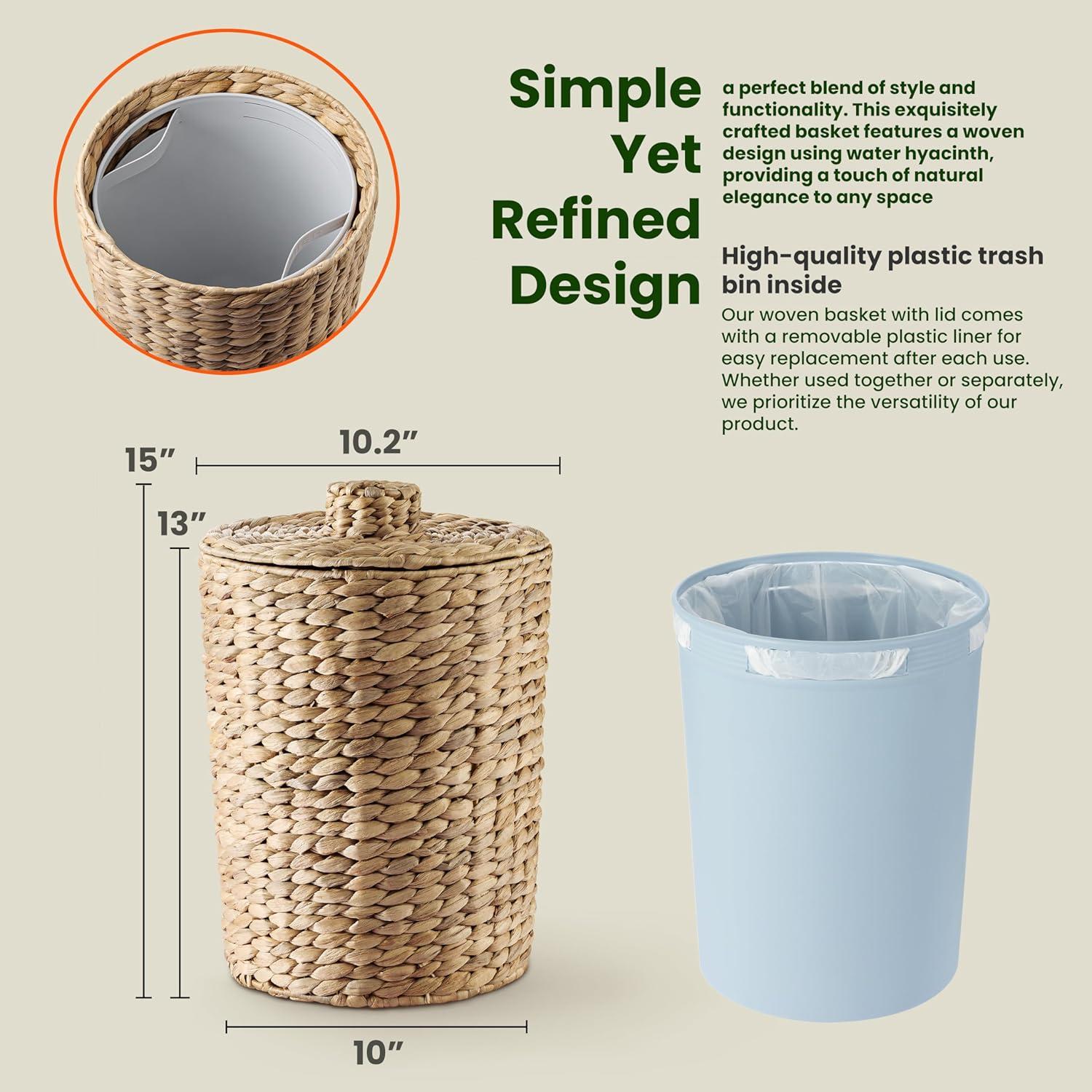 Large Natural Wicker Waste Basket with Lid for Office