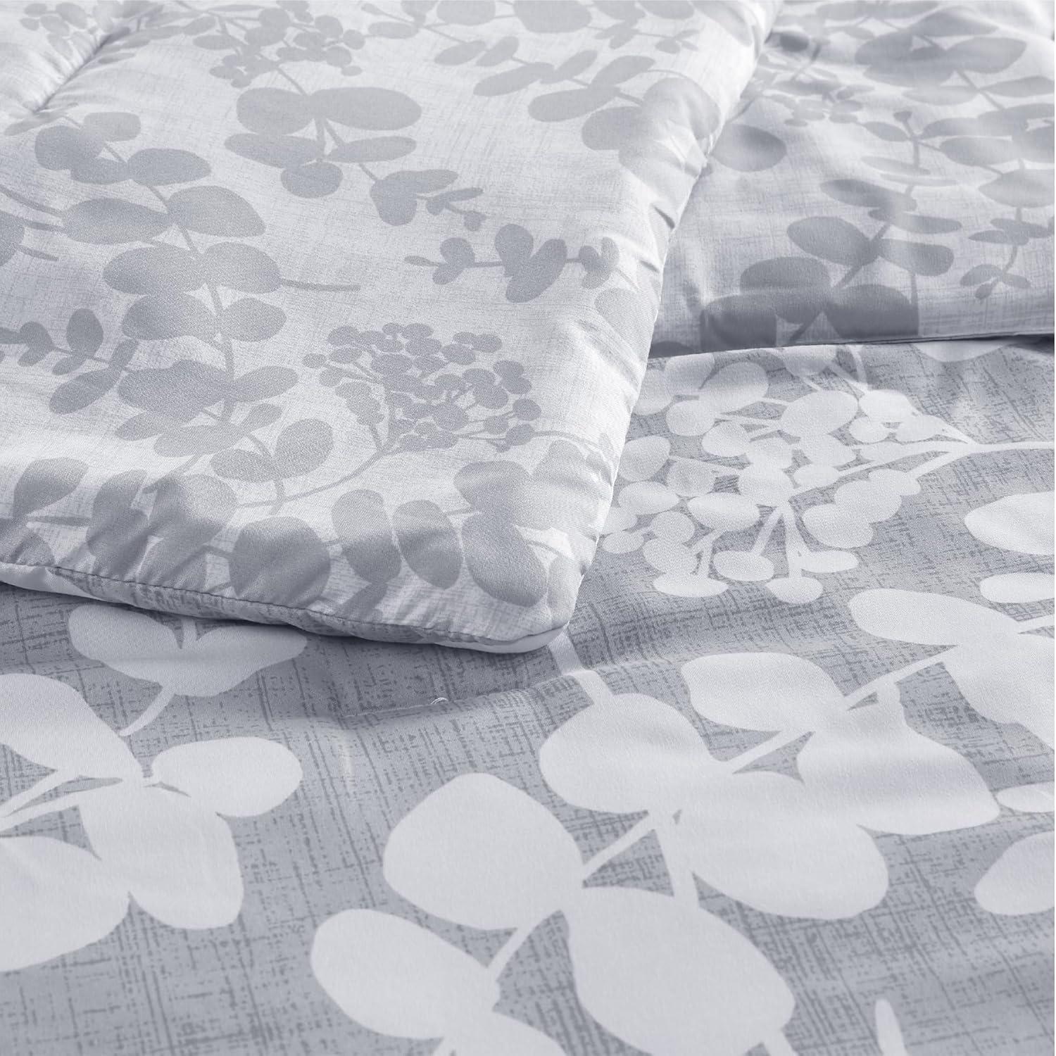 Codi Gray Floral Comforter Set Queen Size, Botanical Bedding Sets | Nature Style, Unique Reversible Design, Better for Spring and Summer | Leaf Print 3 Pieces