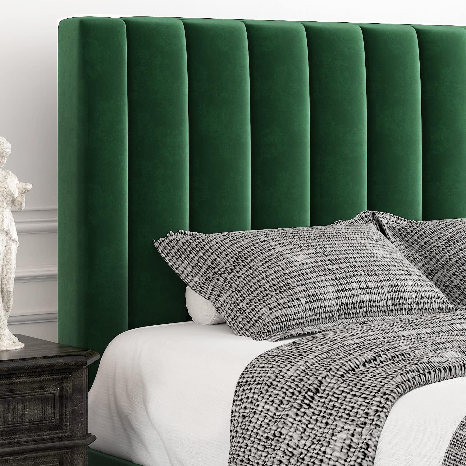 Einfach Queen Size Platform Bed Frame with Upholstered Velvet Vertical Headboard, Green