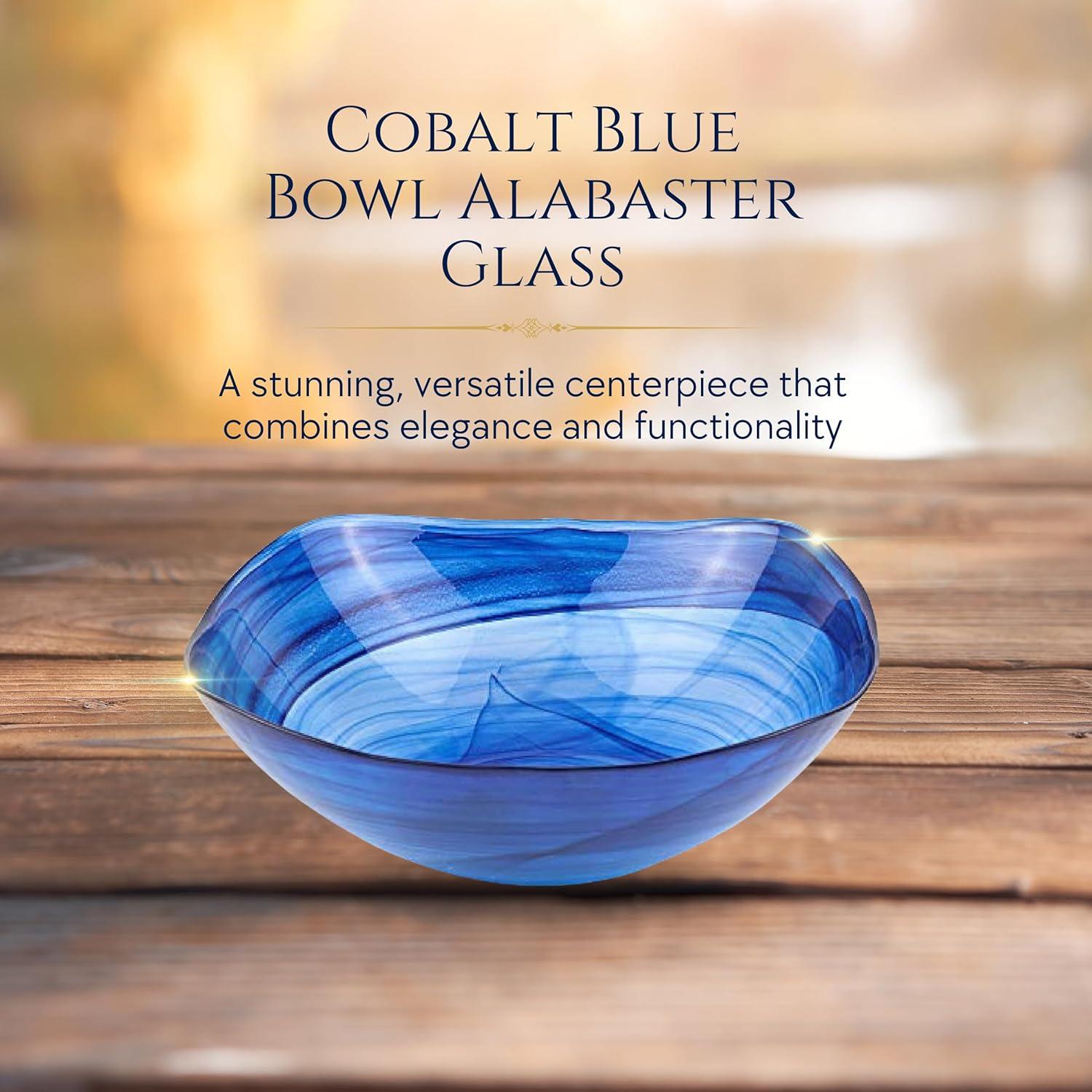 Badash Decorative Glass Serving Bowl, Alabaster Glass Centerpiece Fruit Bowl, Home Décor Table Accent Bowl, 10” Diameter, Cobalt Blue