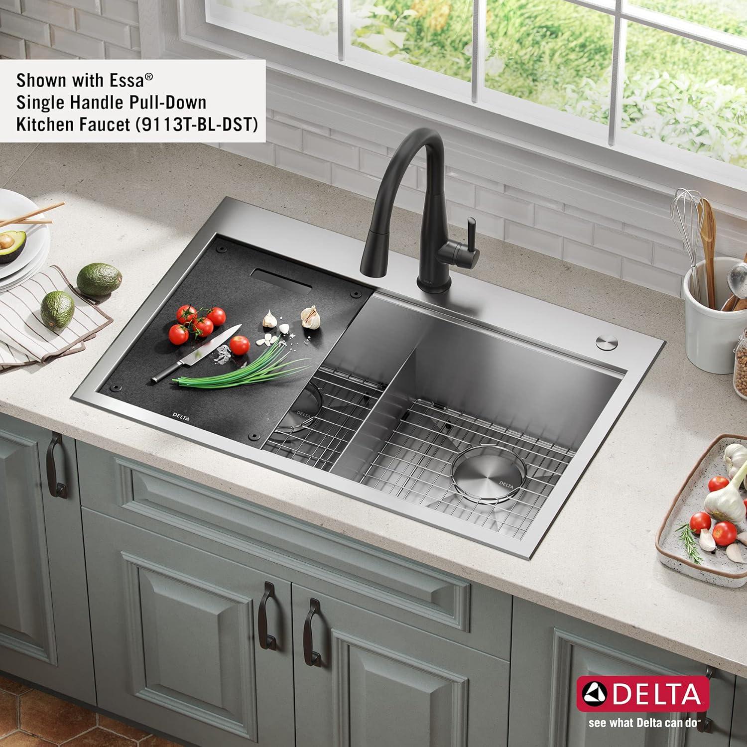 Delta Rivet™ 33" L Workstation Kitchen Sink Drop-In Top Mount 16 Gauge Stainless Steel 50/50 Double Bowl