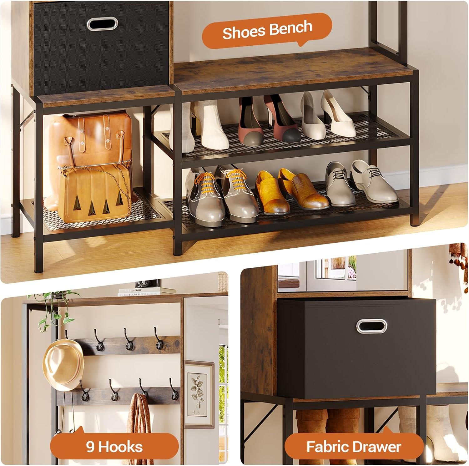 Rustic Brown Hall Tree with Mirror Cabinet and Shoe Storage