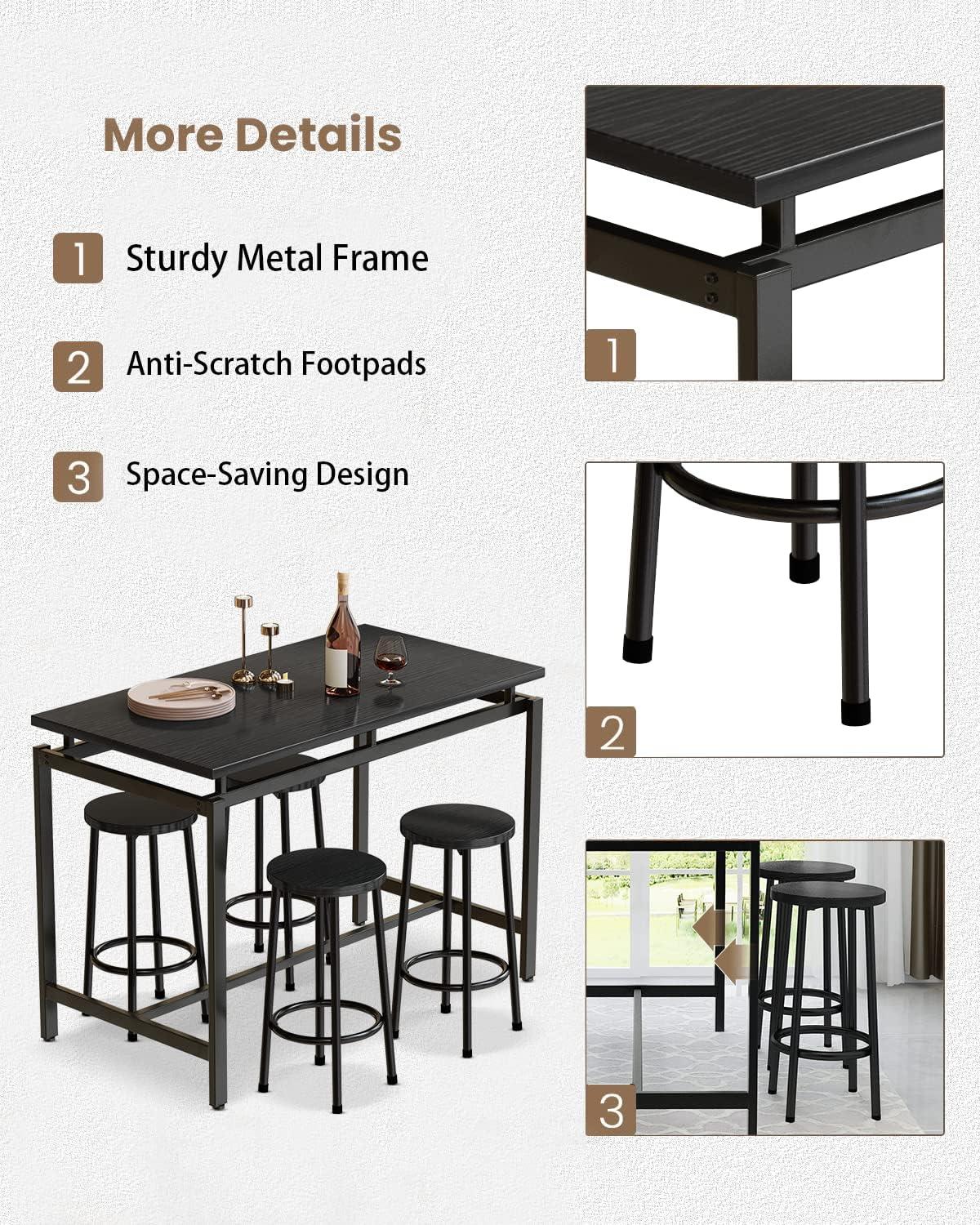 Lamerge 5 Pieces Dining Table Set for 4, Black Bar Table Set with 4 Round Bar Stools Counter Height Bar Table and Chairs Set, Wood Pub Table Set Breakfast Table for Kitchen, Small Space
