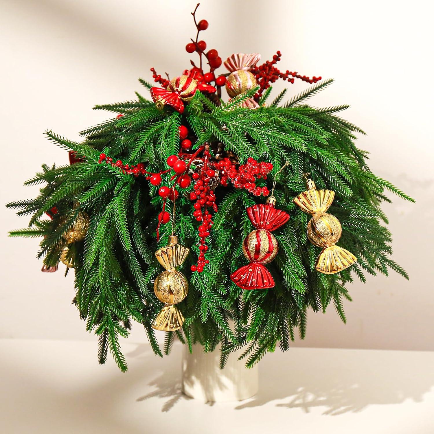 12 Pcs Christmas Norfolk Pine Branches- 18" Extra Length Artificial Xmas Branches Plants Pine Needles- Fake Greenery Norfolk Pine Stems Sprigs for DIY Craft Garland Home Garden Decor