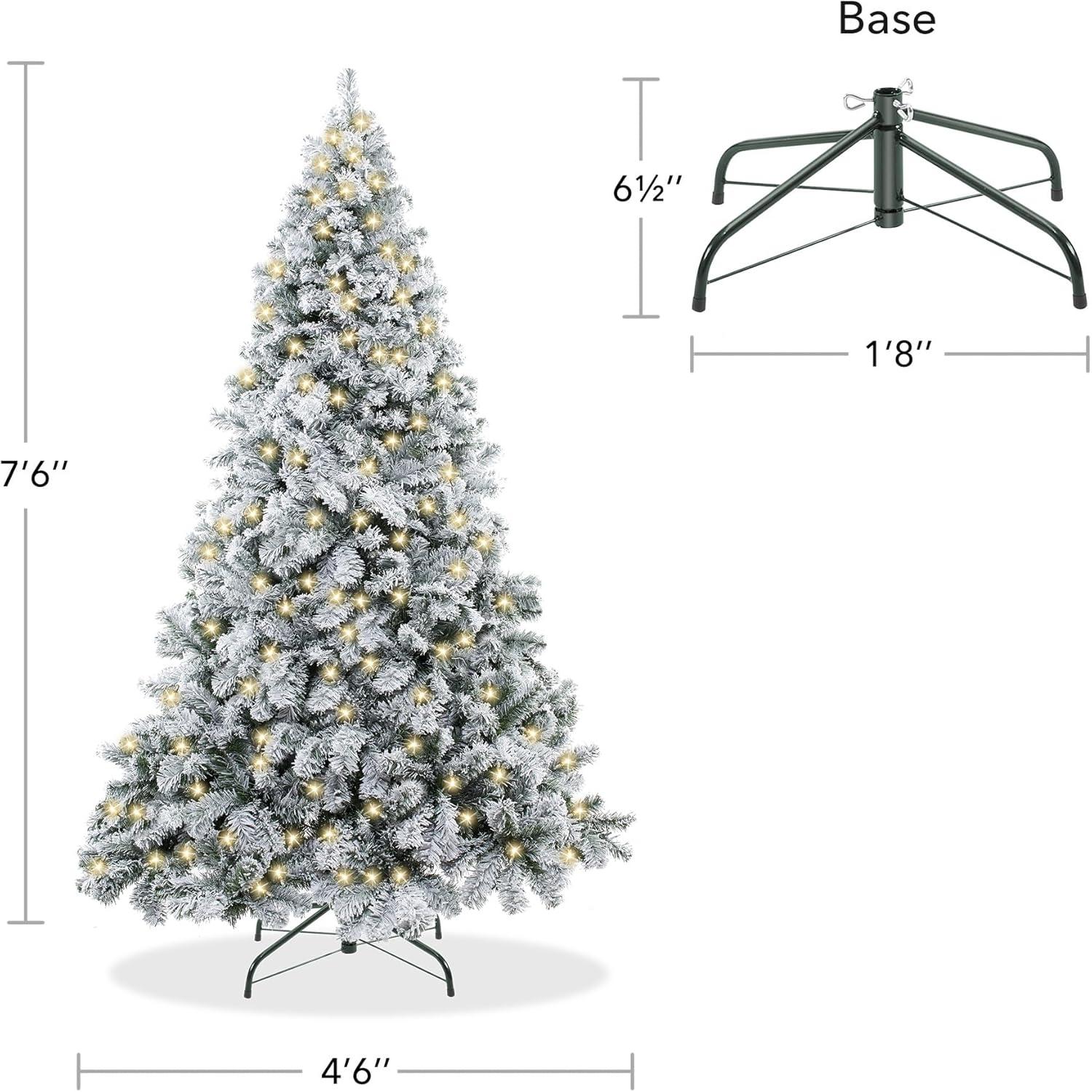 7.5ft Pre-Lit Snow-Flocked White Pine Christmas Tree with Metal Stand