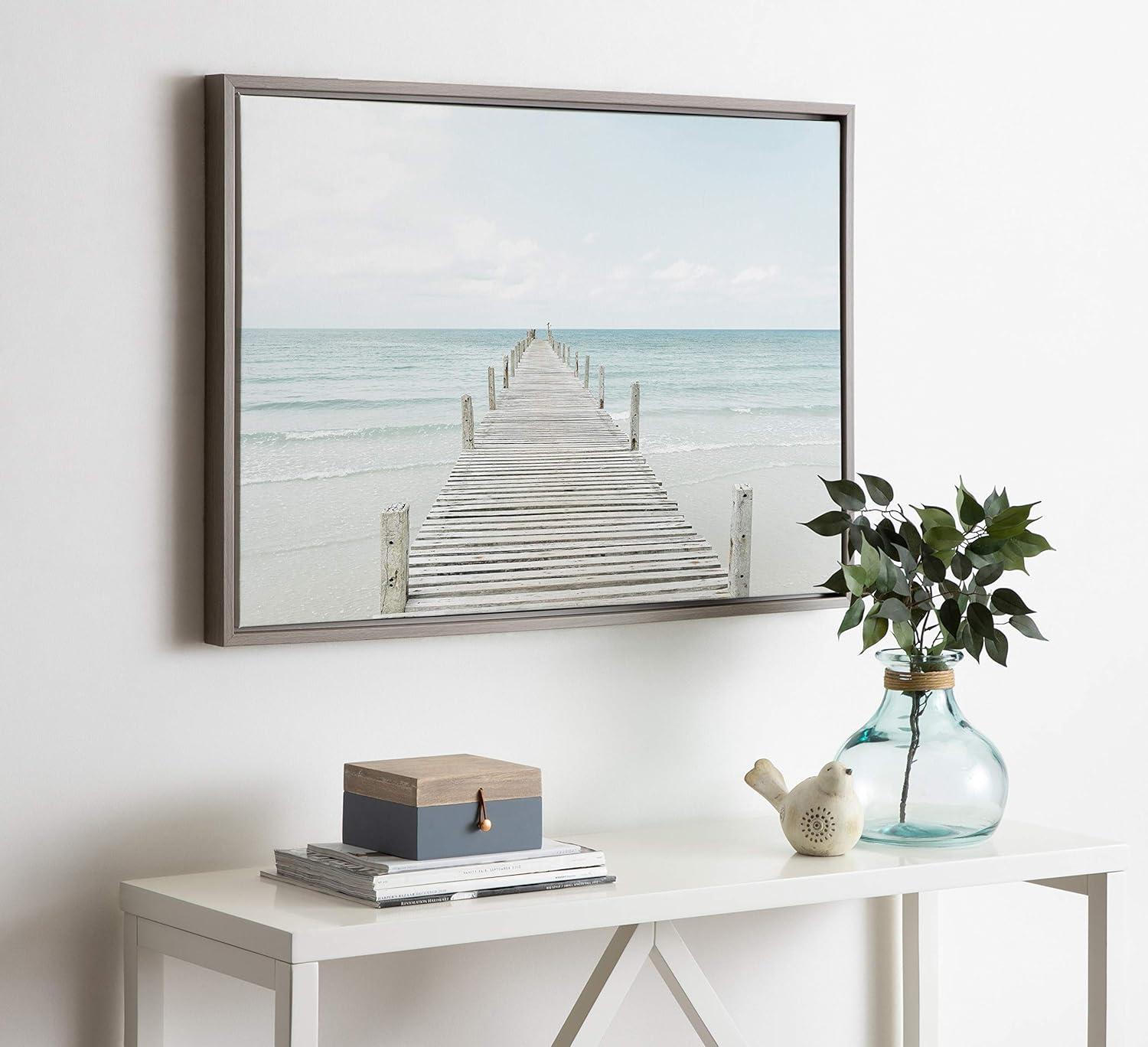 Tranquil Wooden Pier Coastal Canvas Print in Gray Frame