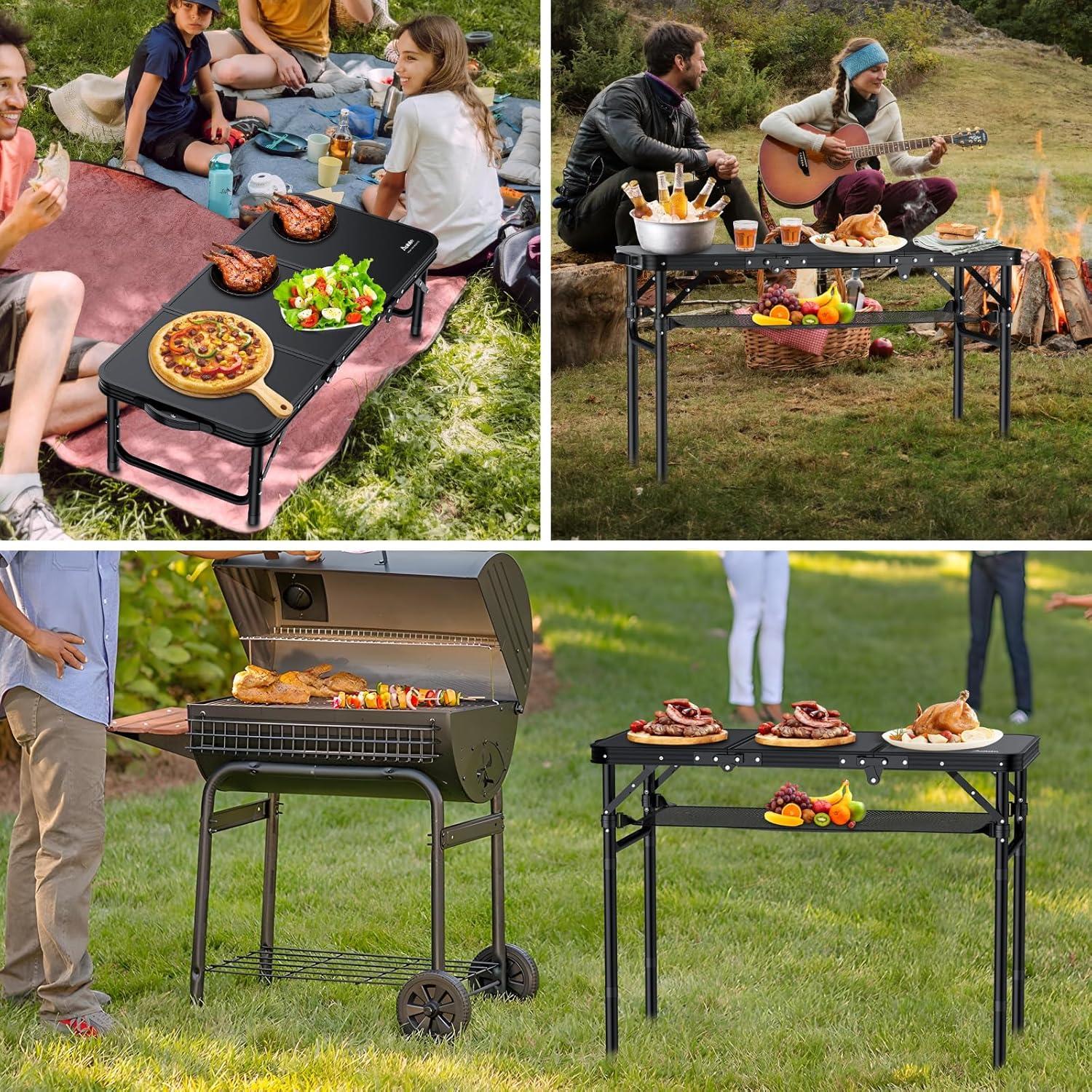 Black Aluminum Folding Camping Table with Adjustable Heights and Storage Net