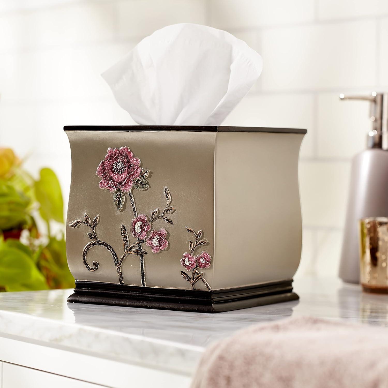 Larissa Brown Resin Tissue Box with Rose Design