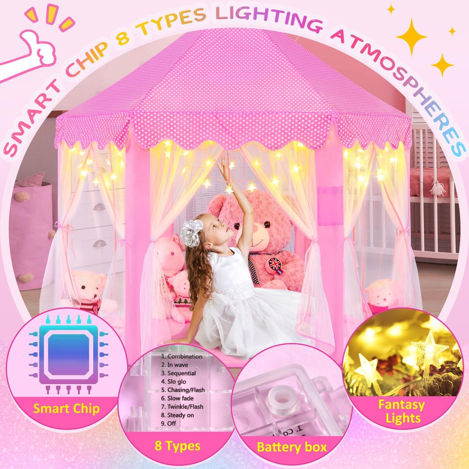 EVOIONOS Princess Tent for Girls, Kids Play Tent with LED Star Lights, Castle Playhouse for Children Indoor Outdoor Games, 55X53 inches, Pink